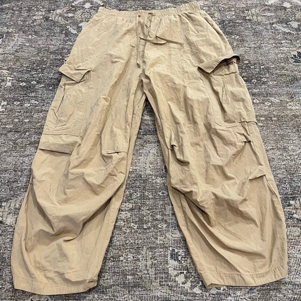 Anthropologie Cargo Parachute Pants M Khaki Tan Cotton Wide Leg Drawstring